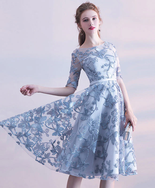 Gray Blue Tulle Lace Short Prom Dress, Gray Blue Homecoming Dress - Deanwangkt
