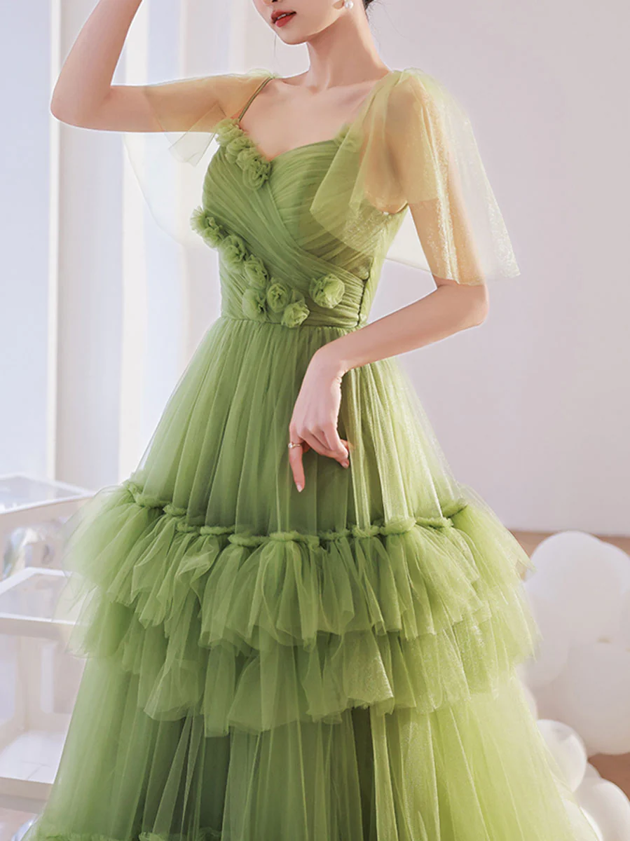 Green V Neck Tulle Long Prom Dress, Green Tulle Formal Dresses - Deanwangkt