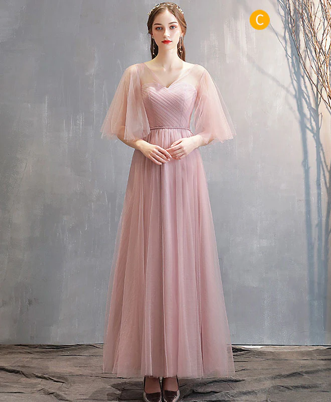Simple Pink Tulle Long Prom Dress Pink Tulle Bridesmaid Dress - Deanwangkt