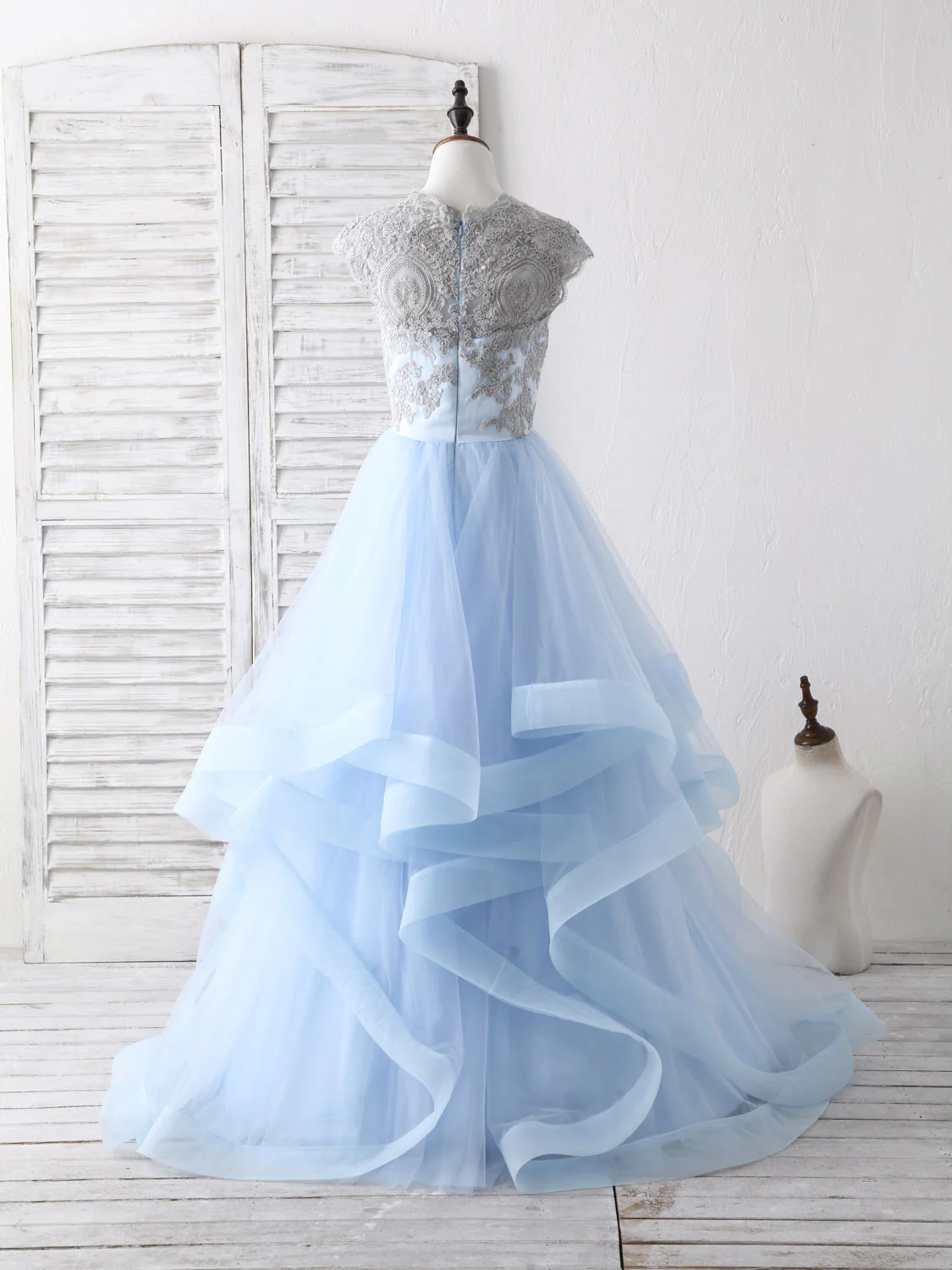 Blue Tulle Lace Applique Long Prom Dress Blue Tulle Sweet 16 Dress - Deanwangkt
