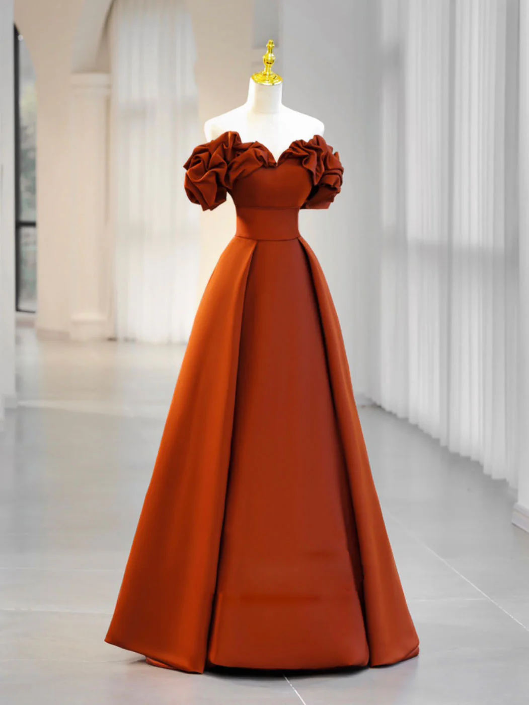 A-Line Off Shoulder Satin Orange Long Prom Dress, Orange Formal Evening Dress - Deanwangkt