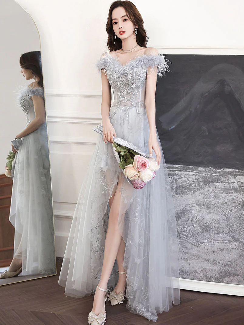 Gray Sweetheart Neck Tulle Long Prom Dress, Gray Evening Dress - Deanwangkt