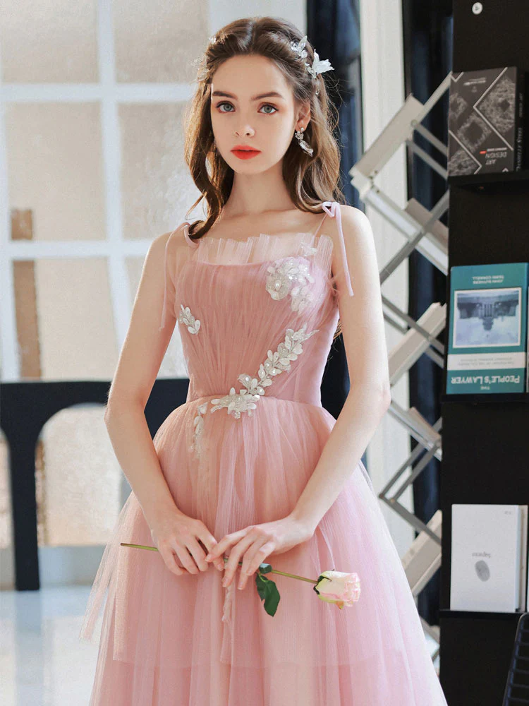 Pink Tulle A line Long Prom Dress, Pink Tulle Evening Dresses - Deanwangkt