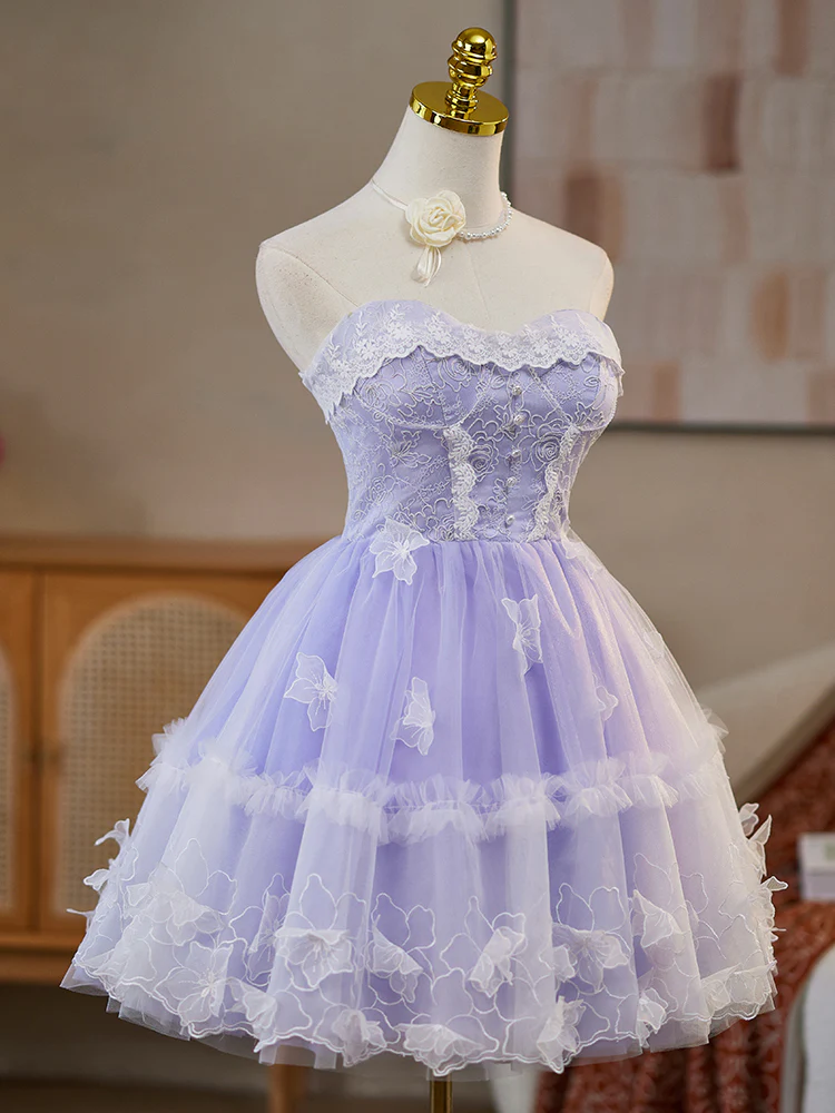 A-Line Sweetheart Neck Tulle Lace Purple Short Prom Dress, Purple Homecoming Dress - Deanwangkt