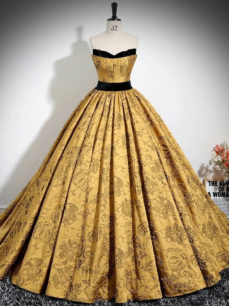 A-Line Off Shoulder Satin Gold Long Prom Dress, Gold Long Formal Dress - Deanwangkt