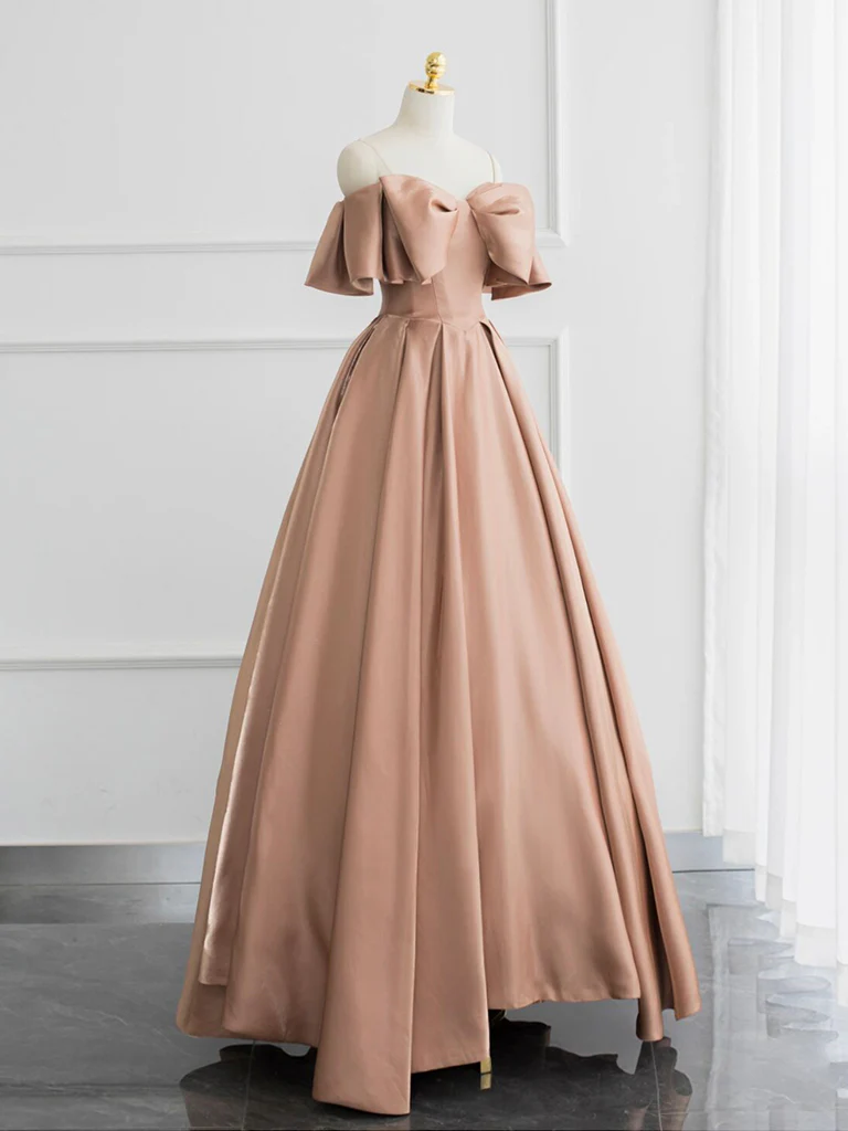 Champagne A-Line Off Shoulder Satin Long Prom Dress, Champagne Formal Dress - Deanwangkt