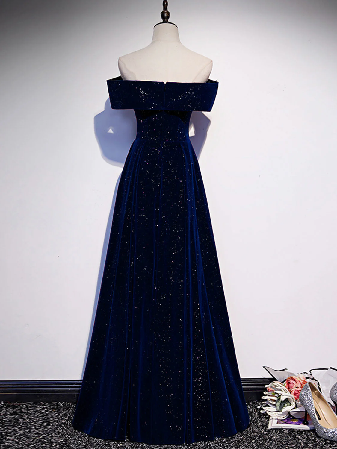 A-Line Off Shoulder Velvet Dark Blue Long Prom Dress, Dark Blue Long Formal Dress - Deanwangkt