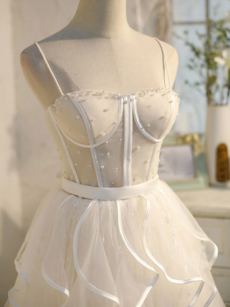 Beige Tulle Short Prom Dress, Mini/Short Beige Homecoming Dresses - Deanwangkt