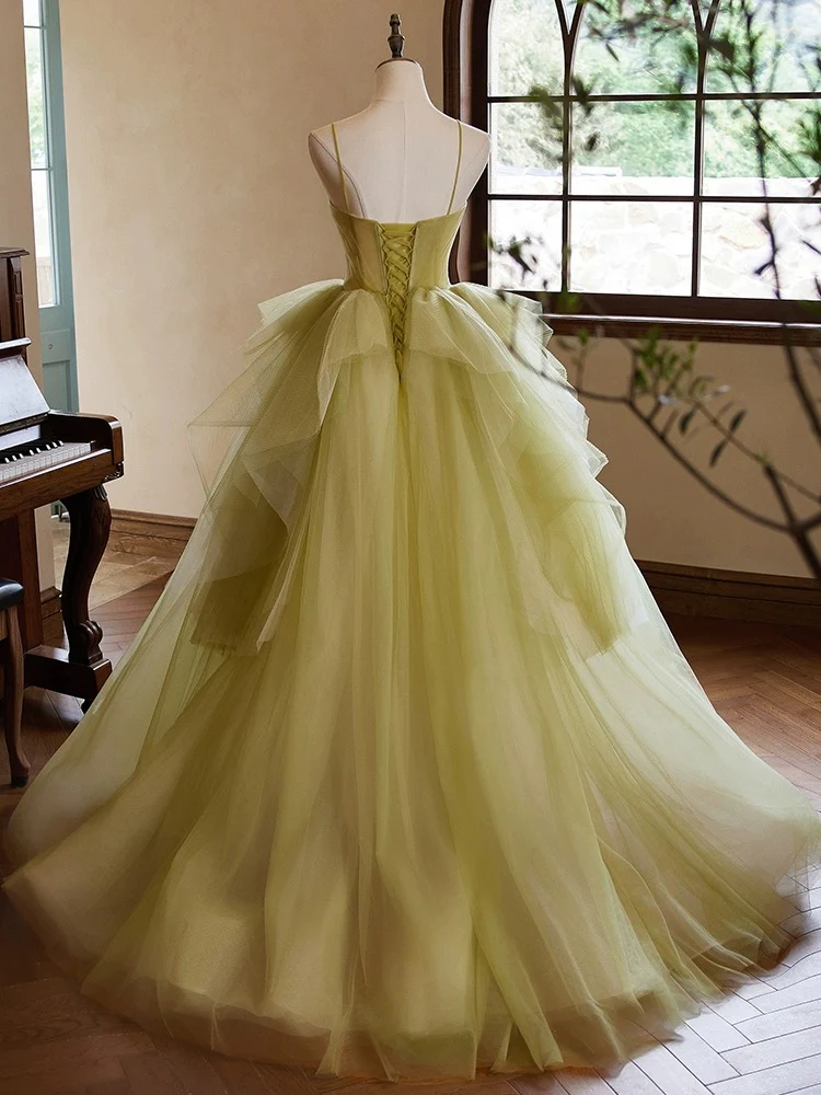 A-Line Sweetheart Neck Tulle Green Long Prom Dress, Green Long Formal Dress - Deanwangkt