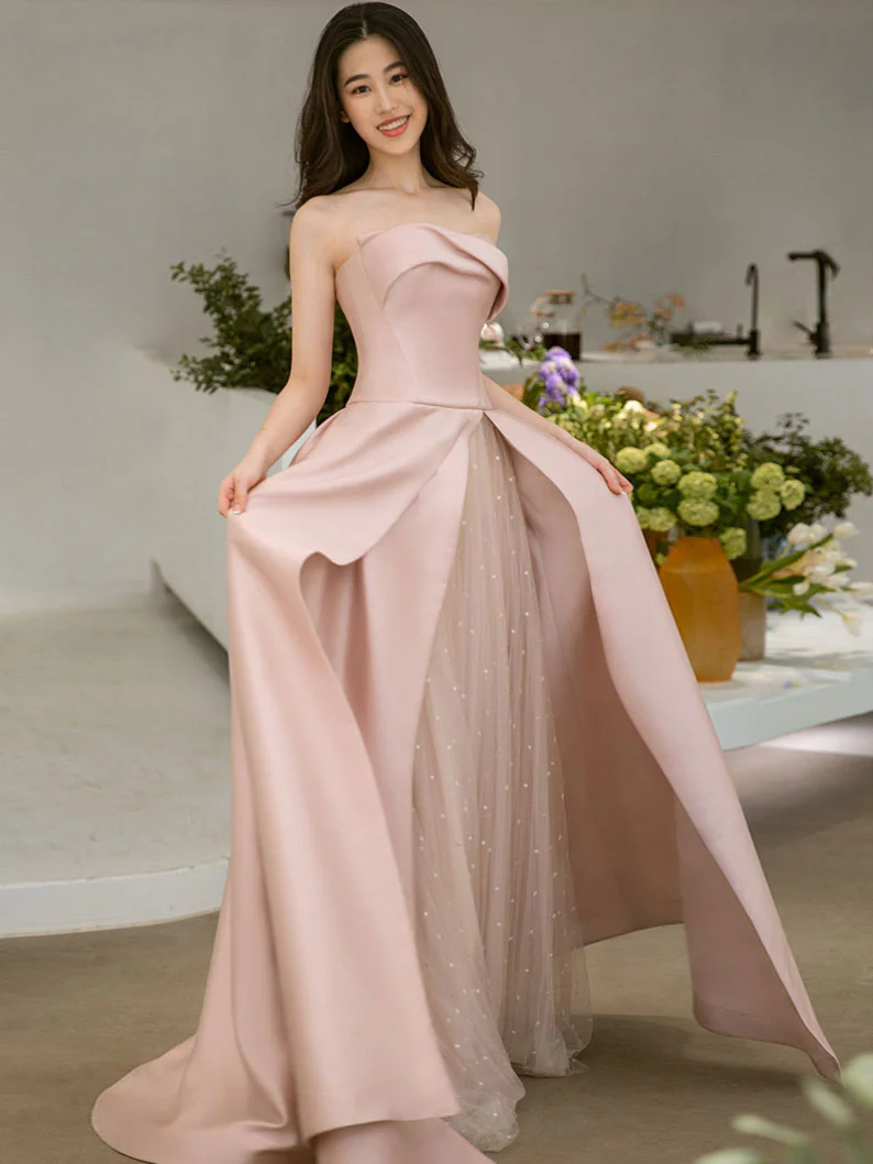Pink Satin Tulle Long Prom Dress, Pink Formal Bridesmaid Dresses - Deanwangkt