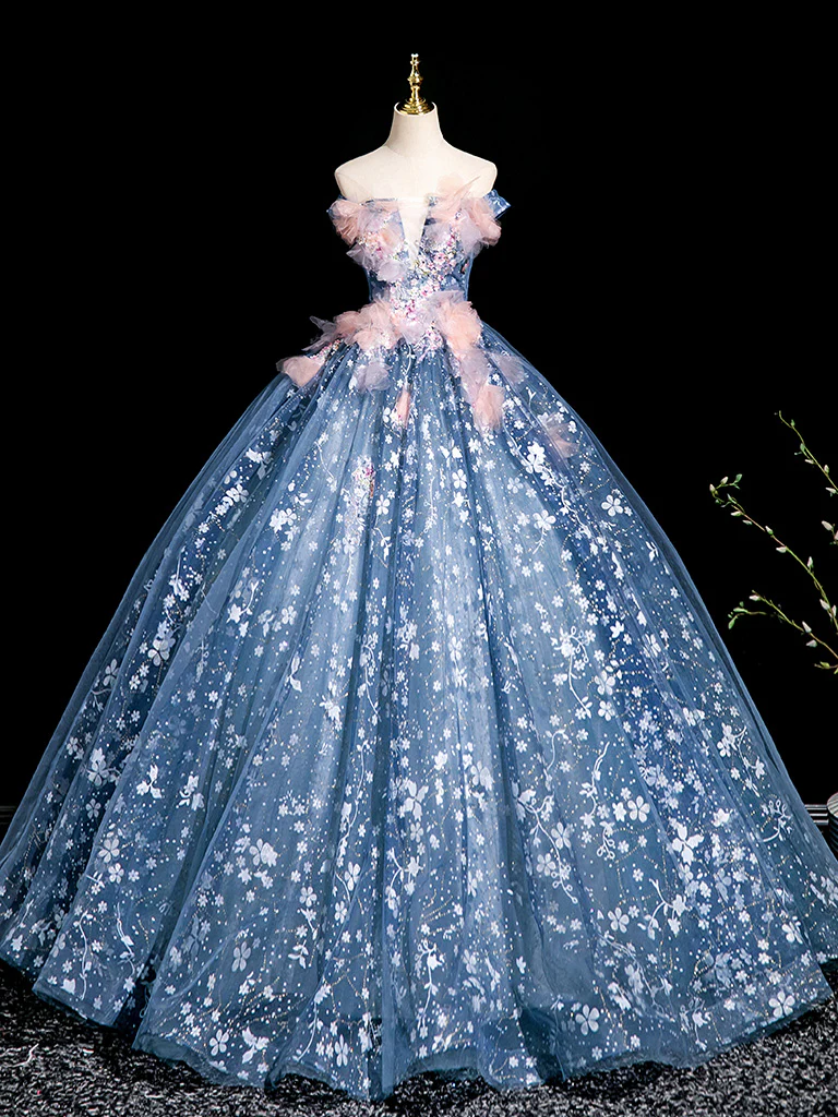 A-Line Off Shoulder Tulle Lace Gray Blue Long Prom Dress, Gray Blue Long Formal Dress - Deanwangkt