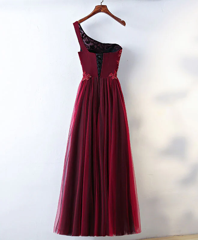 Burgundy One Shoulder Long Prom Dress, Lace Evening Dress - Deanwangkt