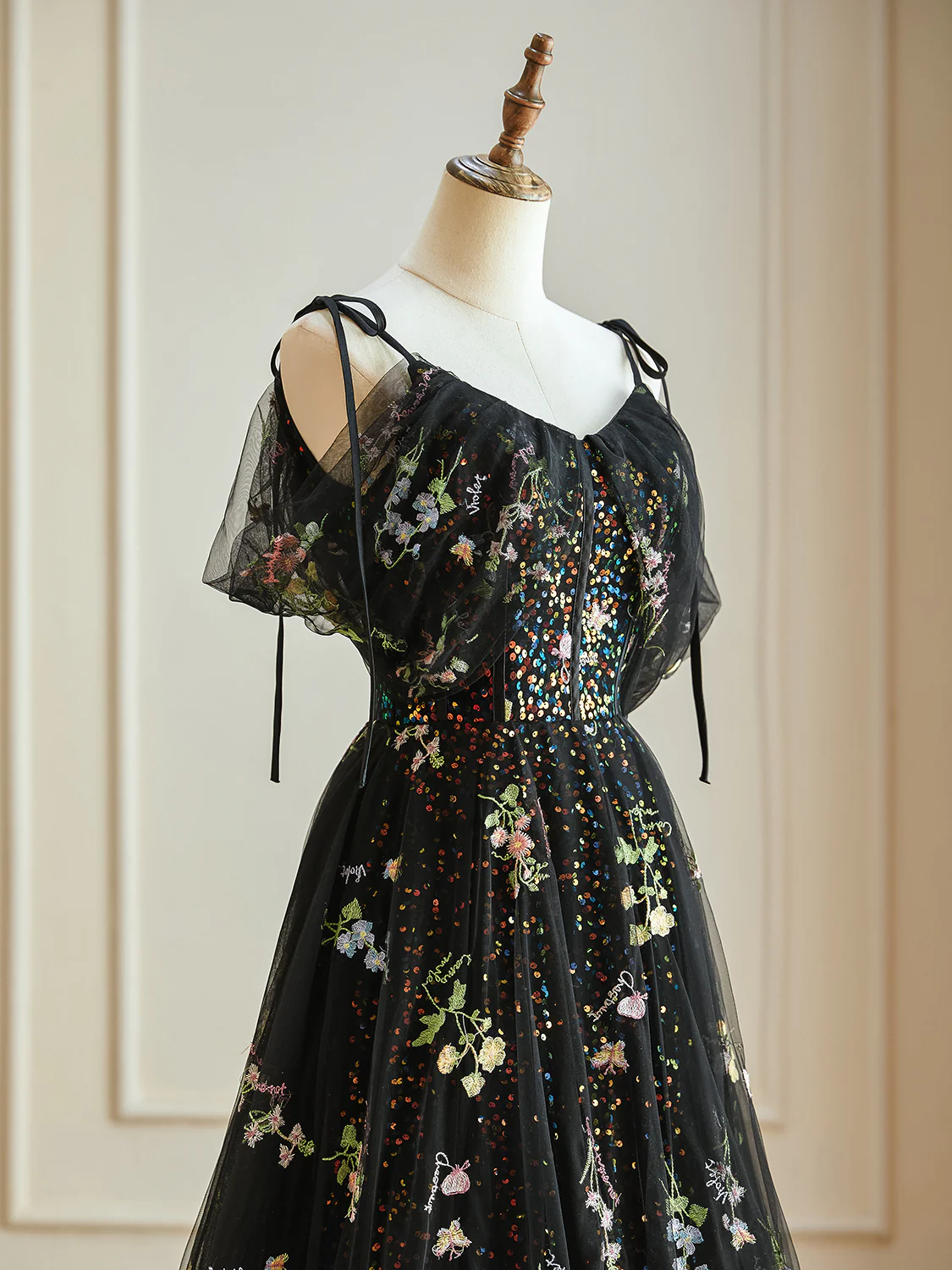 A-Line Off Shoulder Tulle Lace Black Long Prom Dress, Black Formal Dress - Deanwangkt