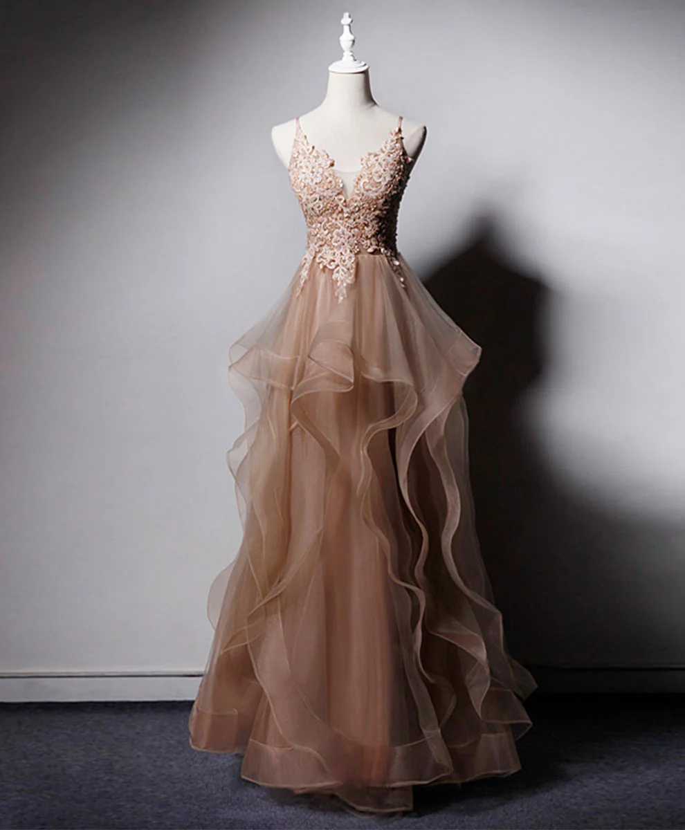 Champagne V Neck Tulle Lace Long Prom Dress, Champagne Graduation Dress - Deanwangkt