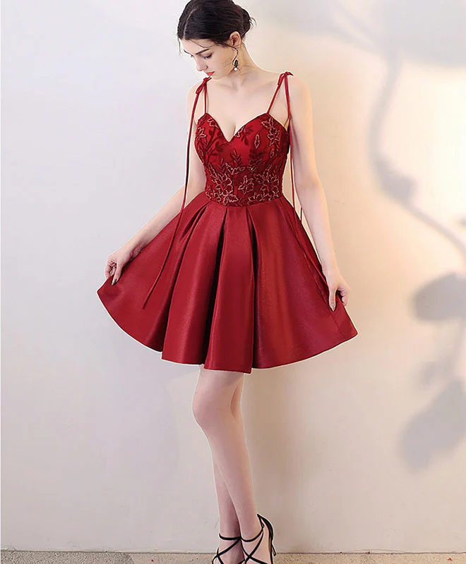 Burgundy V Neck Lace Short Prom Dress, Homecoming Dress - Deanwangkt