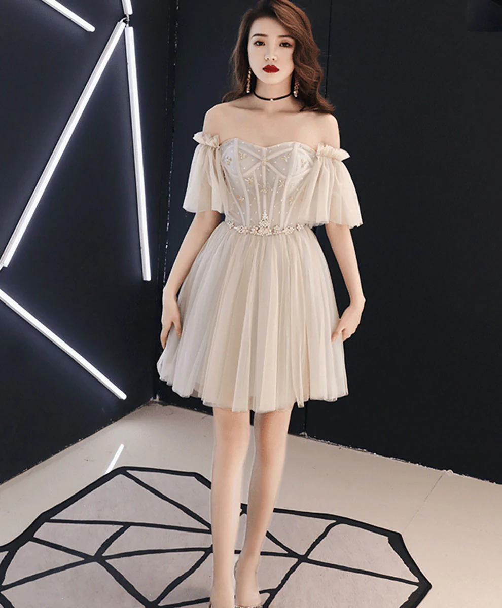 Champagne Tulle Beads Short Prom Dress Tulle Formal Dress - Deanwangkt