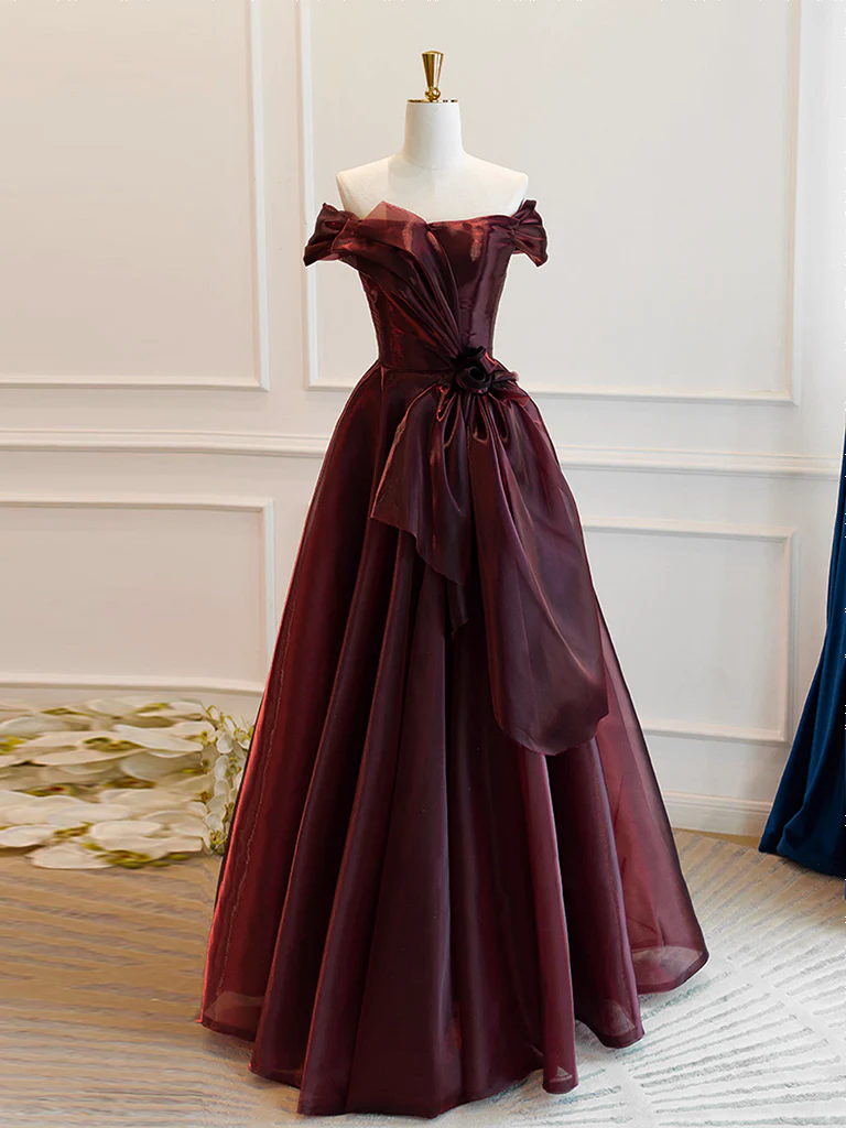 A-Line Burgundy Organza Burgundy Long Prom Dress, Burgundy Long Evening Dress - Deanwangkt