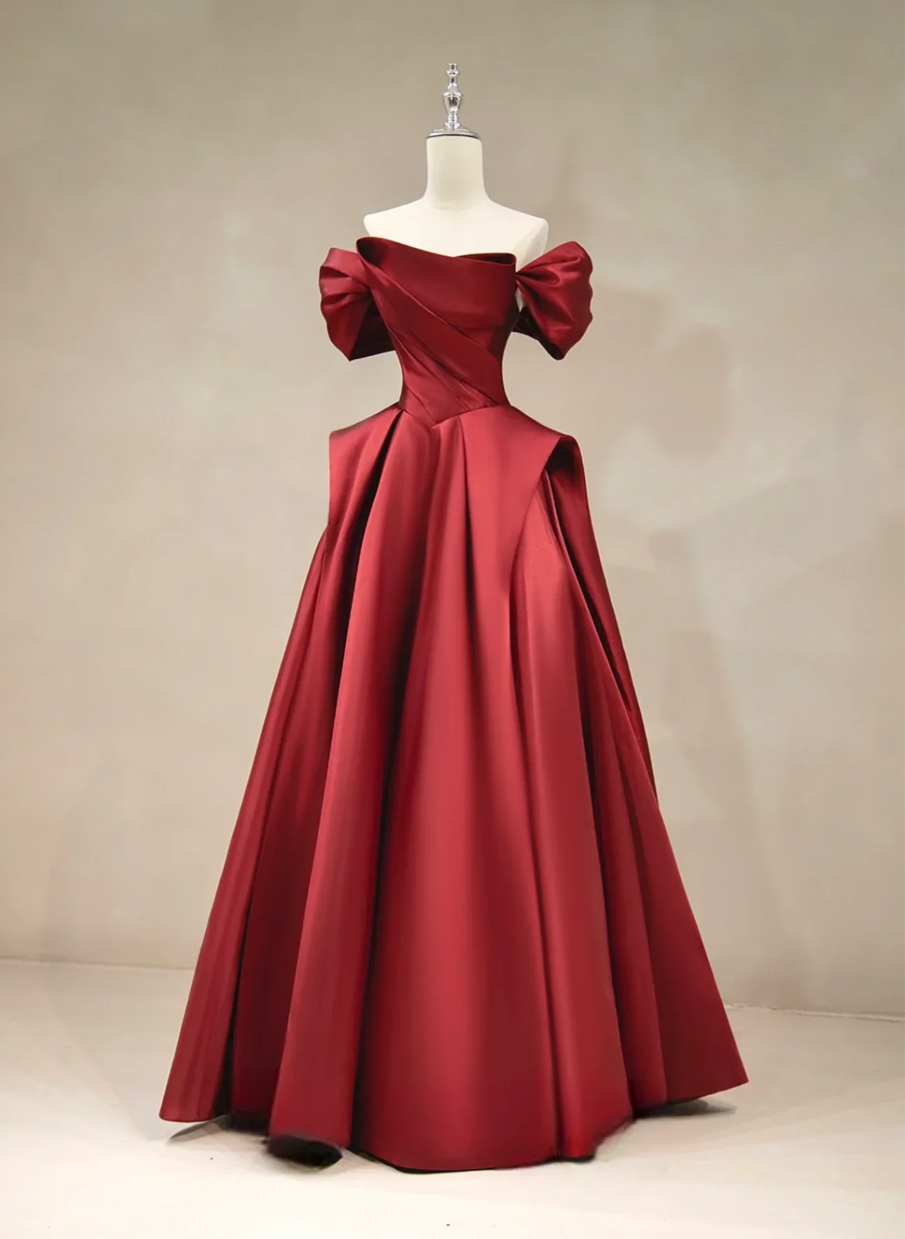 A-Line Off Shoulder Satin Burgundy Long Prom Dress, Burgundy Long Formal Dress - Deanwangkt