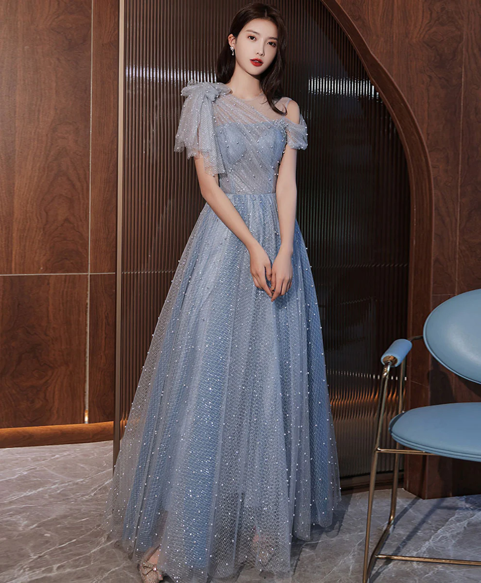 Blue One Shoulder Tulle Long Prom Dress Blue Tulle Formal Dress - Deanwangkt