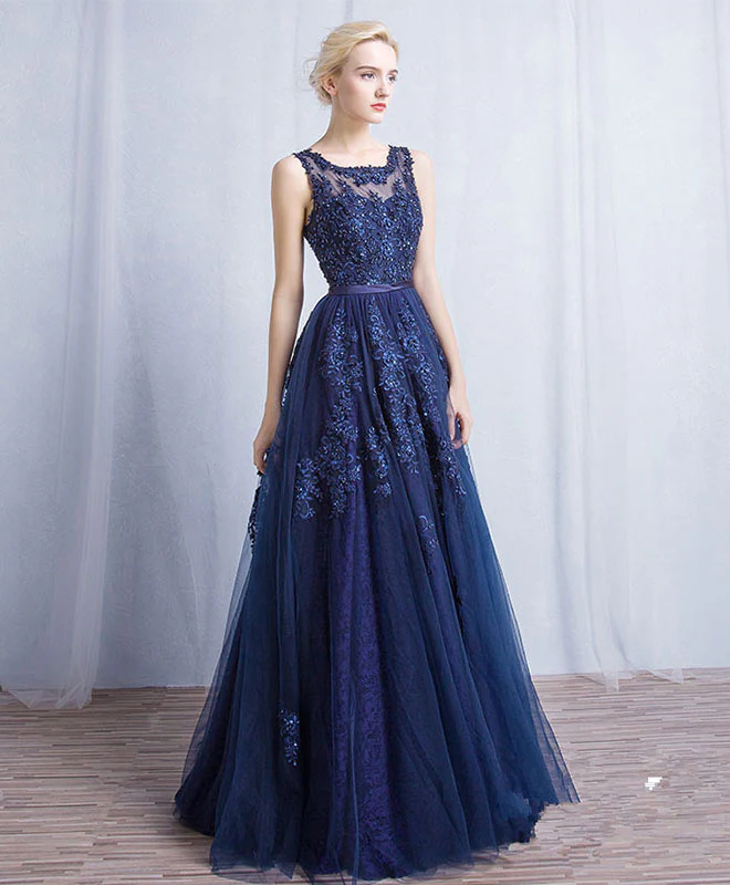Dark Blue Round Neck Tulle Lace Applique Long Prom Dress - Deanwangkt