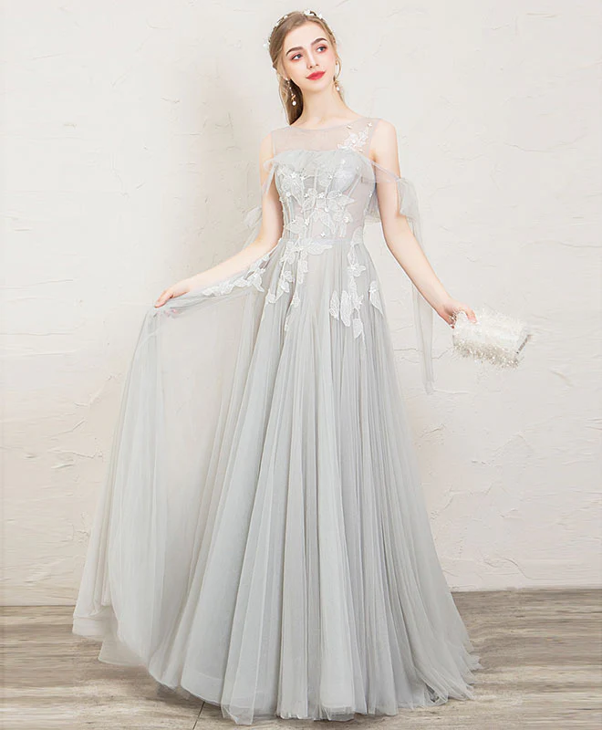 Gray Round Neck Tulle Lace Long Prom Dress, Gray Evening Dress - Deanwangkt