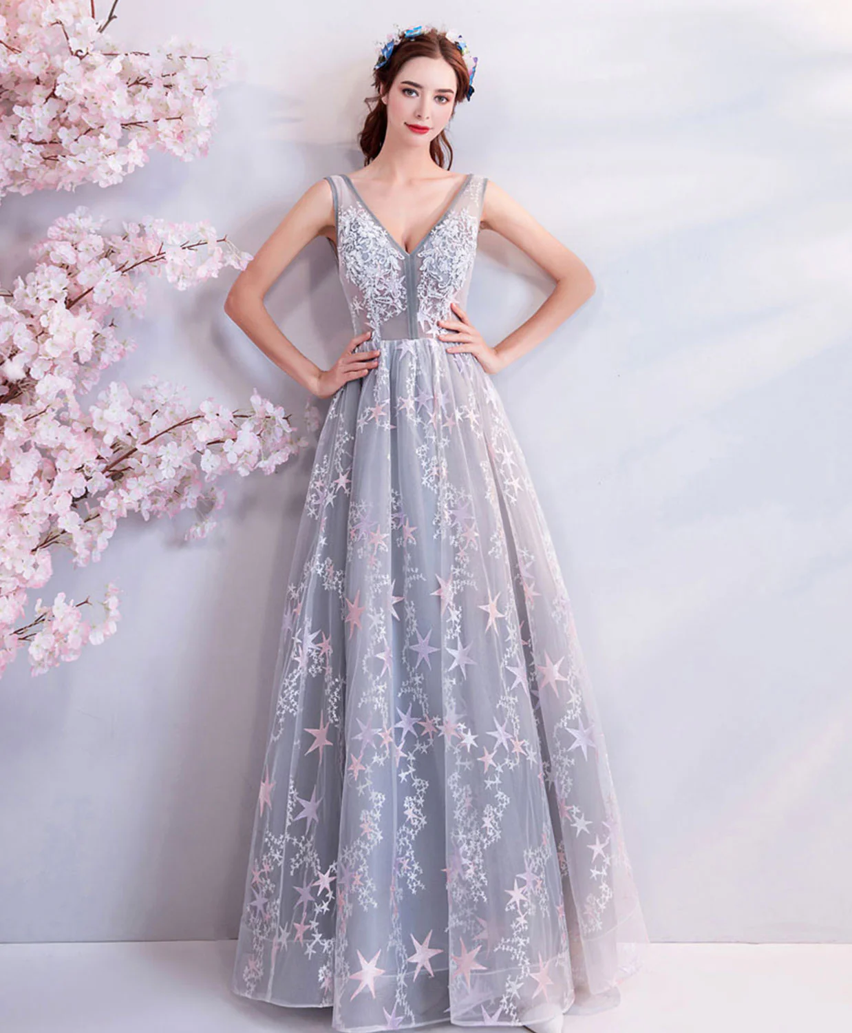 A-Line Gray V Neck Lace Long Prom Dress, Gray Lace Formal Evening Dresses - Deanwangkt