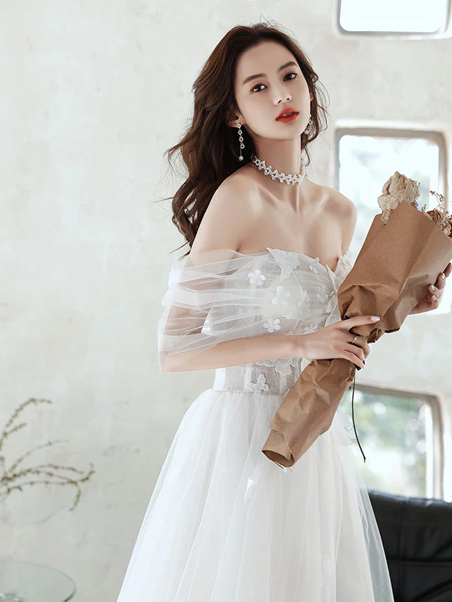 White Sweetheart Off Shoulder Tulle Lace Tea Length Prom Dress - Deanwangkt