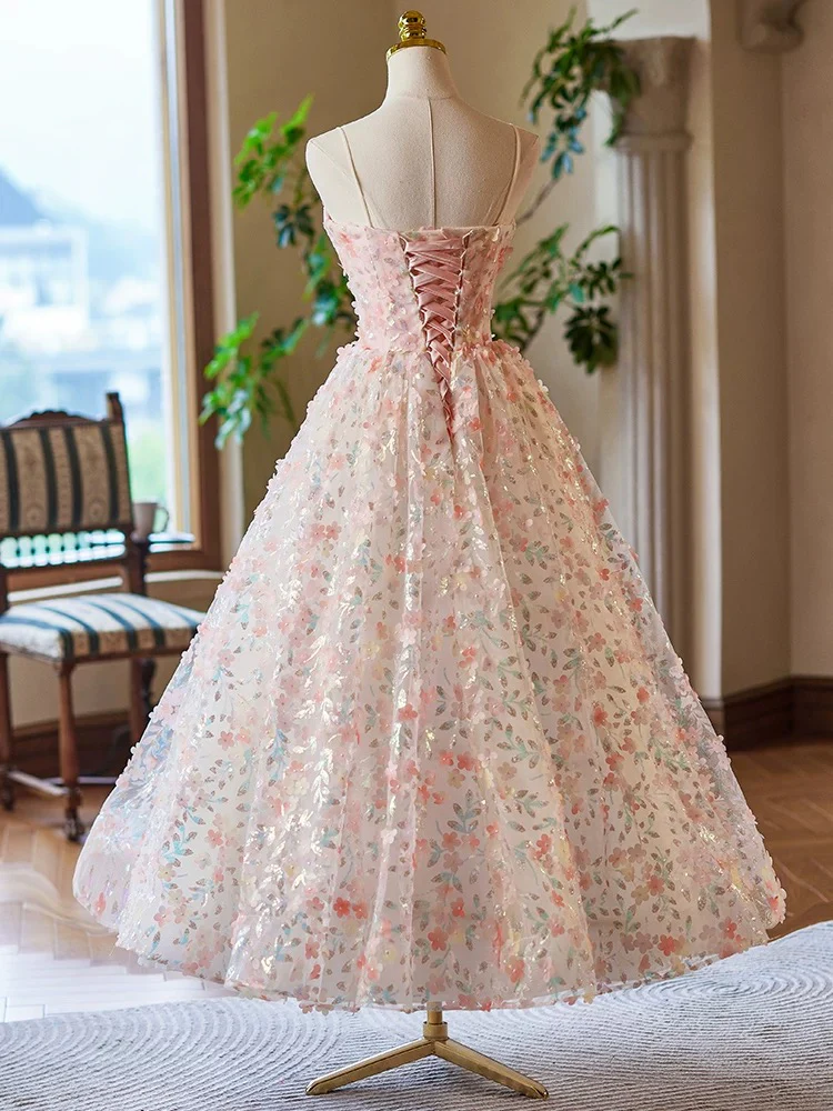 A-Line V Neck Flower Lace Tea Length Pink Prom Dress, Pink Formal Dress - Deanwangkt