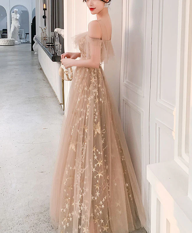 Champagne Round Neck Tulle Lace Long Prom Dress Tulle Evening Dress - Deanwangkt