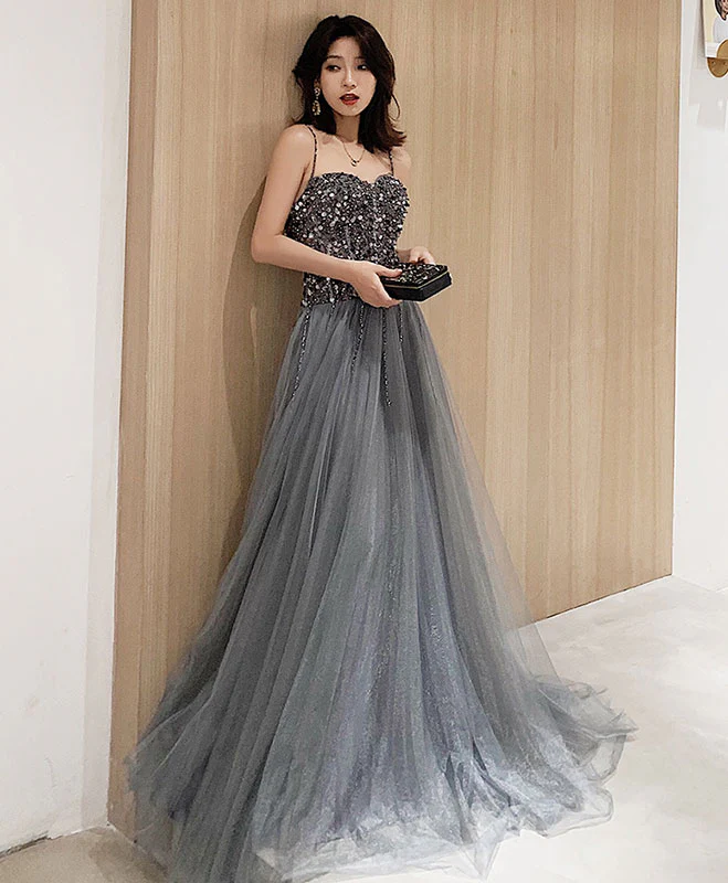 Gray Tulle Sequin Long Prom Dress Gray Tulle Formal Dress - Deanwangkt