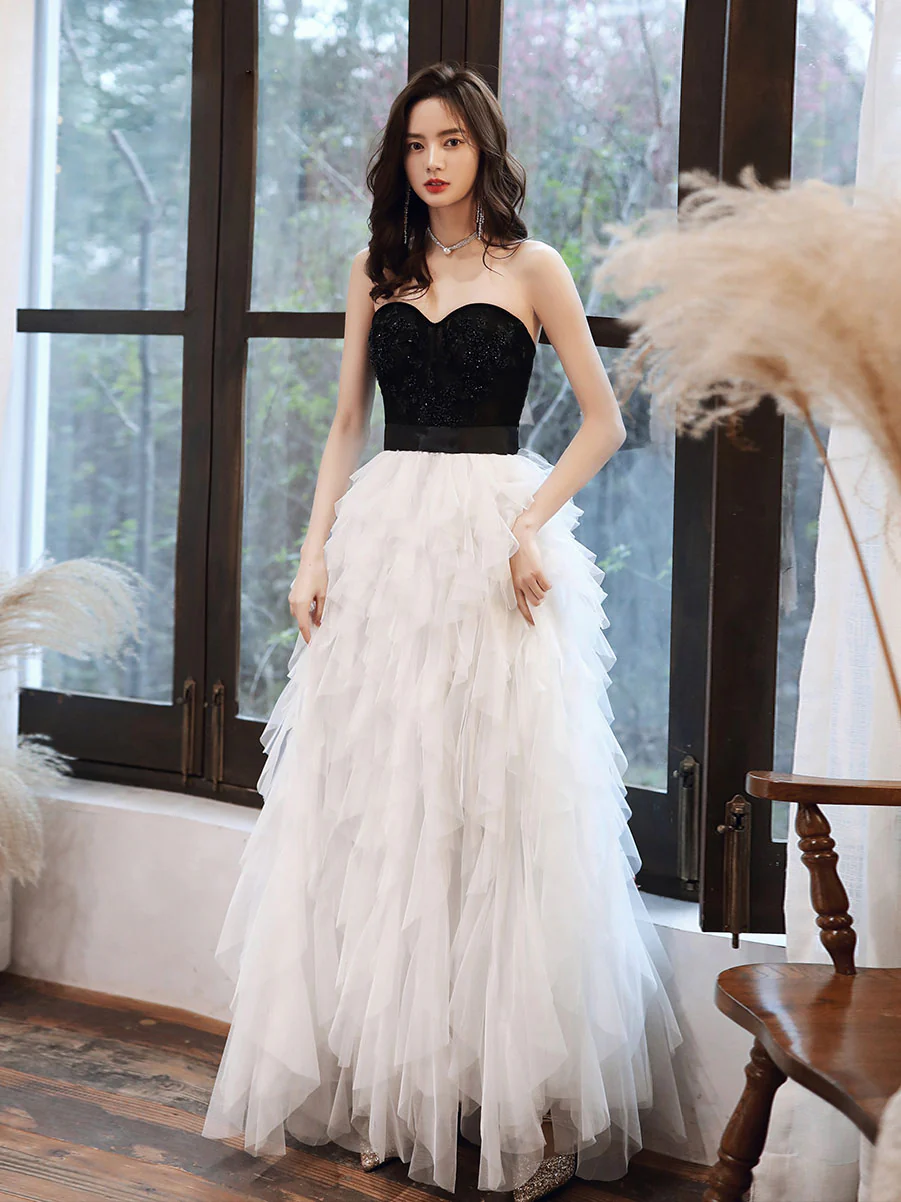 White Tulle Sweetheart Long Prom Dress, White Formal Graduation Dresses - Deanwangkt