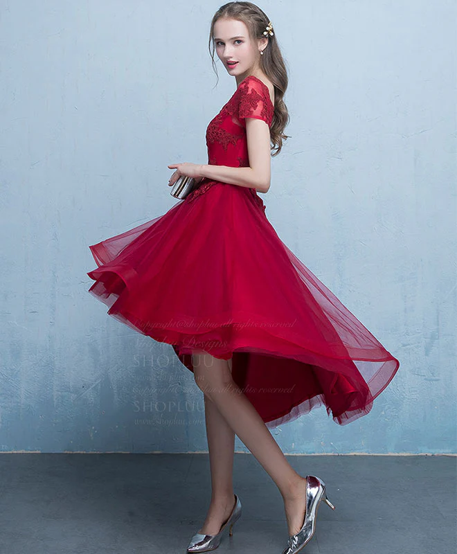 Burgundy Tulle Lace Short Prom Dress, Burgundy Homecoming Dress - Deanwangkt