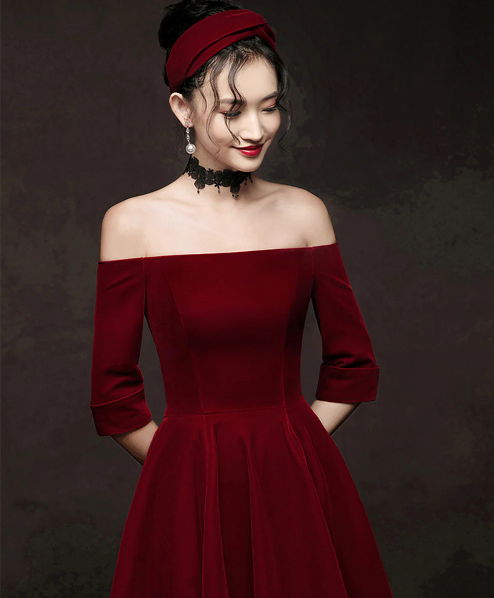 Simple Burgundy Short Prom Dress, Velvet Burgundy Homecoming Dress - Deanwangkt