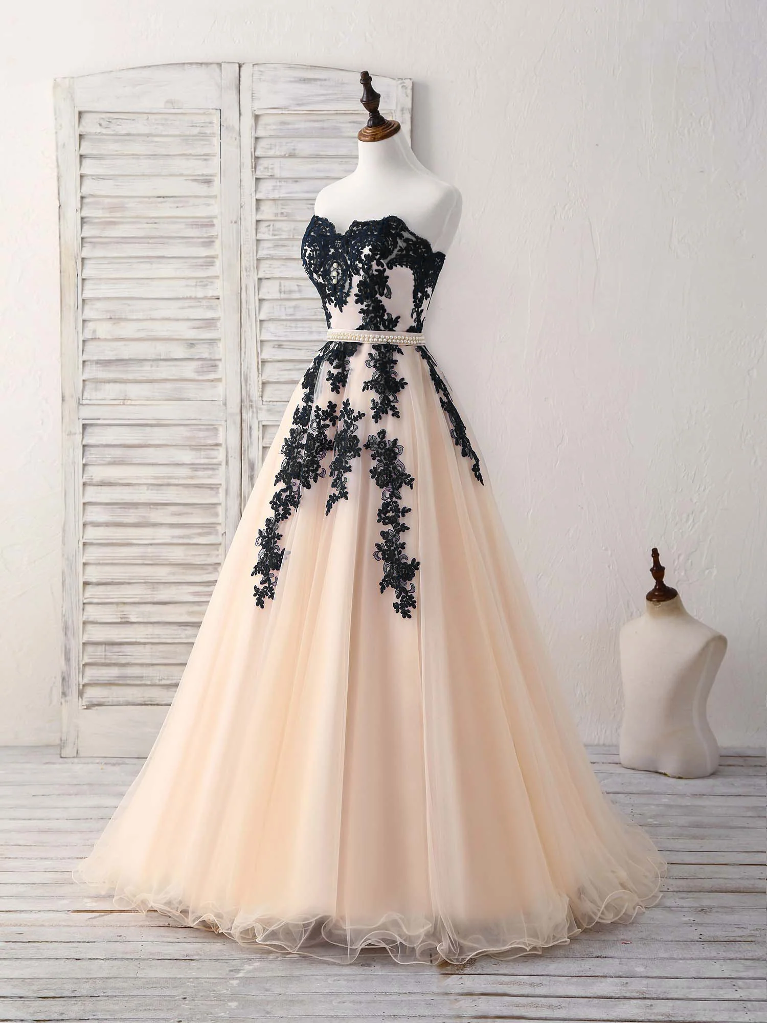 Black Tulle Lace Applique Long Prom Dress, Black Evening Dress - Deanwangkt