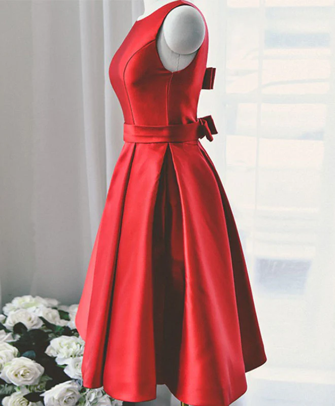 Cute Red A Line Satin Short Prom Dress, Backless Red Homecoming Dresses - Deanwangkt