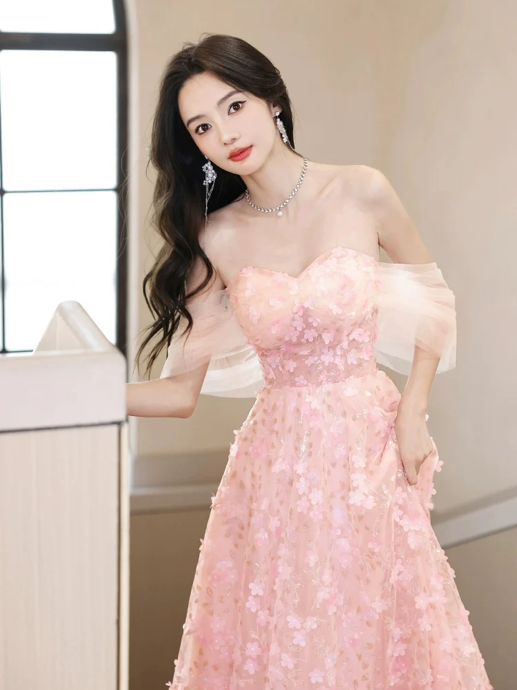A-Line Off Shoulder Pink Long Prom Dress, Pink Long Graduation Dress - Deanwangkt