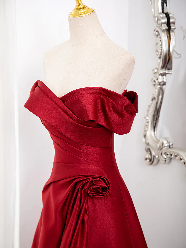 A-Line Off Shoulder Satin Burgundy Long Prom Dress, Burgundy Long Formal Dress - Deanwangkt