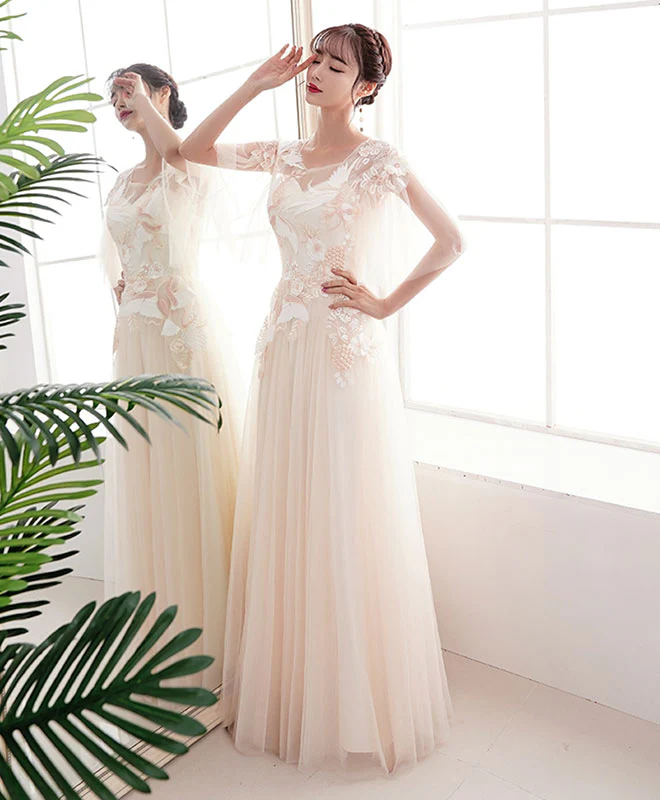 Champagne A-Line Lace Applique Long Prom Dress Lace Evening Dress - Deanwangkt