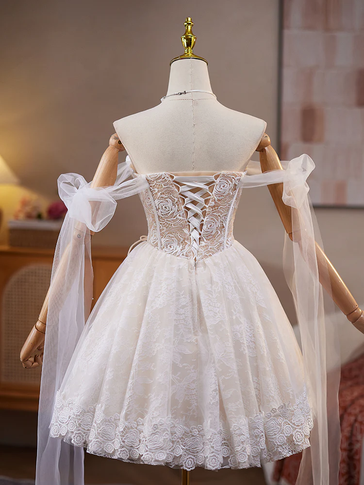 A-Line Off Shoulder Tulle Lace Beige Short Prom Dress, Beige Homecoming Dress - Deanwangkt