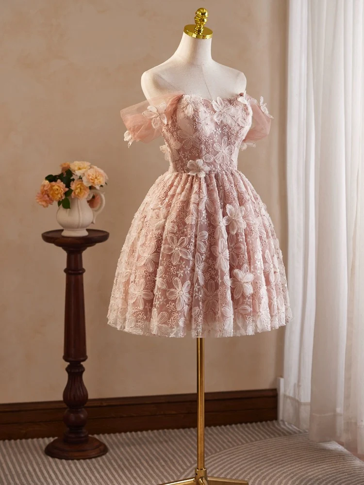 A-Line Off Shoulder Tulle Lace Pink Short Prom Dress, Pink Homecoming Dress - Deanwangkt