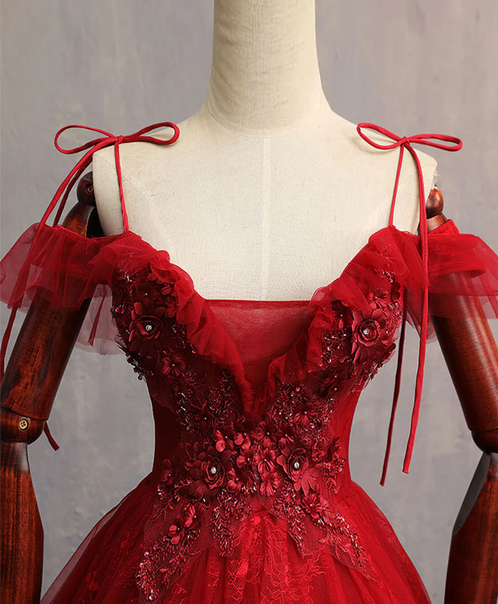 Burgundy Sweetheart Tulle Lace Long Prom Gown, Lace Formal Dress - Deanwangkt