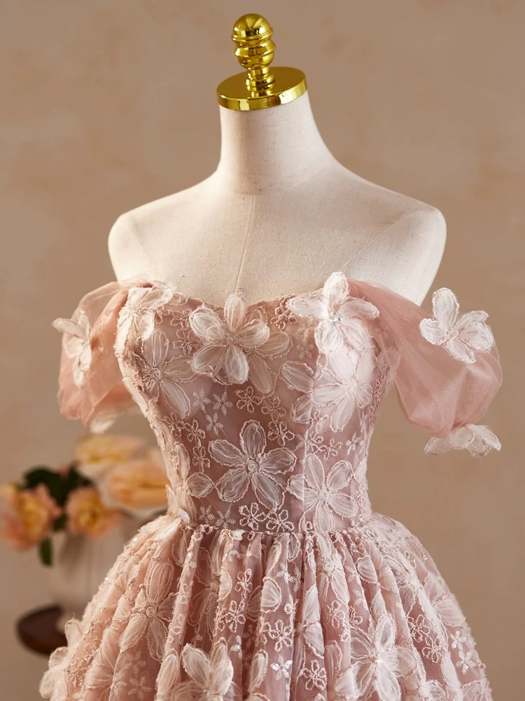 A-Line Off Shoulder Tulle Lace Pink Short Prom Dress, Pink Homecoming Dress - Deanwangkt