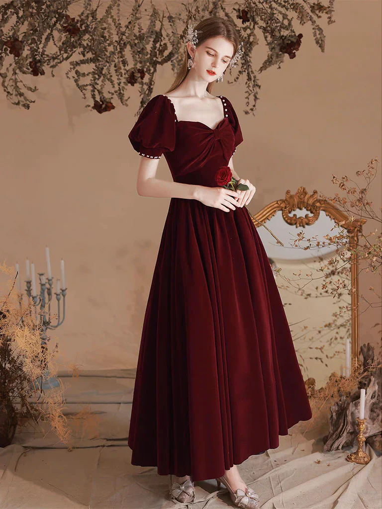 A-Line Velvet Tea Length Burgundy Prom Dress, Burgundy Formal Dress - Deanwangkt