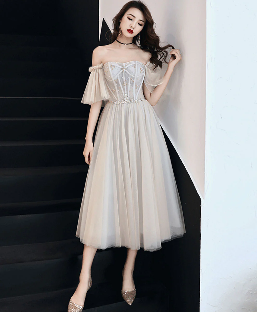 Champagne Tulle Beads Short Prom Dress Tulle Formal Dress - Deanwangkt