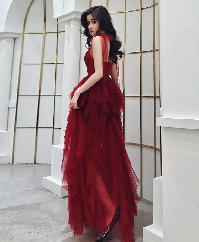 Burgundy Sweetheart Tulle Long Prom Dress, Burgundy Evening Dress - Deanwangkt