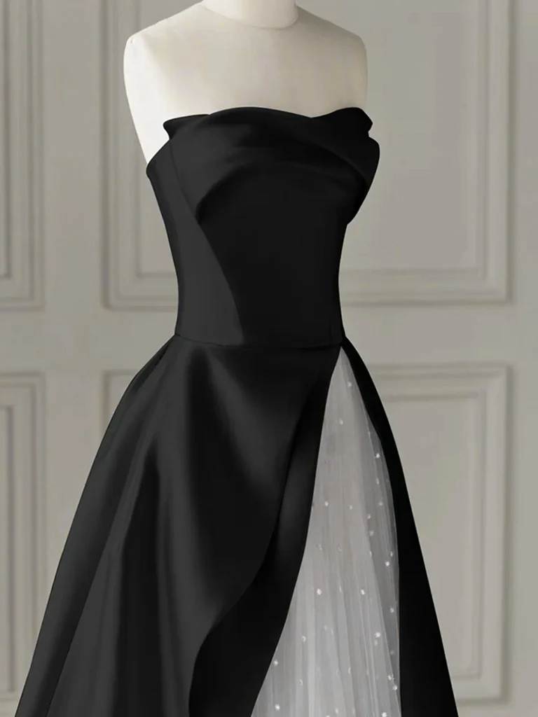 A-Line Tulle Satin Black/White Long Prom Dress. Black Long Formal Dress - Deanwangkt