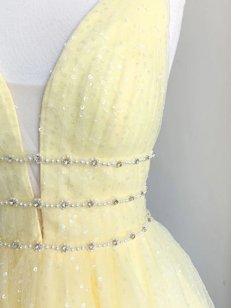 Cute Yellow V Neck Tulle Beads Short Prom Dress Yellow Homecoming Dress - Deanwangkt