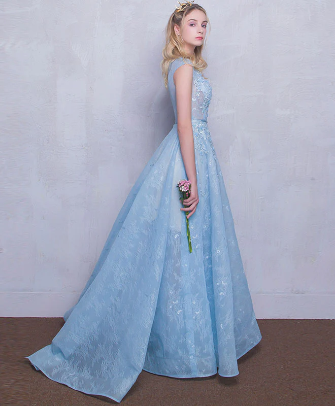 Blue Round Neck Lace Long Prom Dress, Blue Sweet 16 Dress - Deanwangkt
