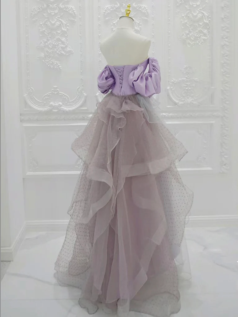 A-Line Satin Tulle Purple Long Prom Dress, Tulle Purple Long Formal Dress - Deanwangkt