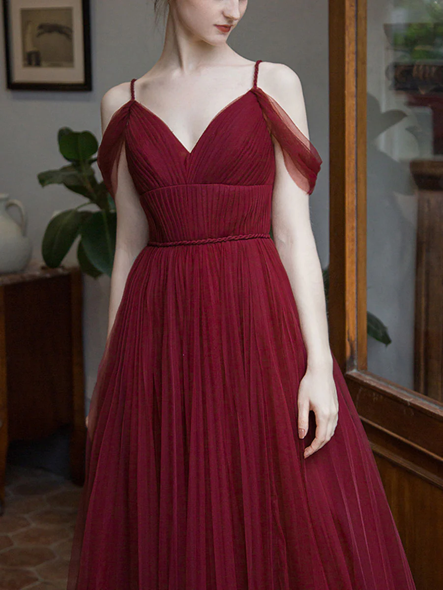 Simple Burgundy V Neck Tulle Long Prom Dress, Burgundy Bridesmaid Dress - Deanwangkt